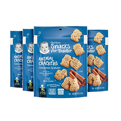 Gerber Snacks for Toddler Animal Crackers, Cinnamon Graham, 6 Ounce Pouch (Pack of 4)