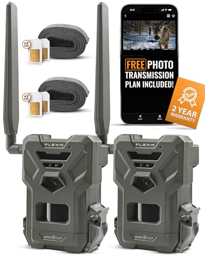 SPYPOINT FLEX-M Twin Pack Cellular Trail Cameras - Best Value in Hunting Accessories, No WiFi Needed, GPS, Night Vision, Dual-Sim LTE, IP65 Water-Resistant, 28MP Photos, 720p Videos + Sound (2)