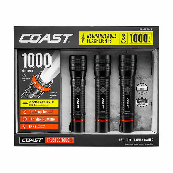 Coast 1000 Lumen Rechargeable LED Flashlight, Adjustable Focus, Waterproof, Dustproof, Rugged for Fishing, Hiking, Camping, Mechanic Work - Set of 3, Black, CF1000R