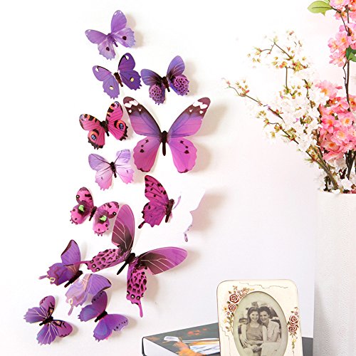 Bokeley 12 x PCS 3D Colorful Butterfly Wall Stickers DIY Art Decor Crafts for Nursery Classroom Offices Kids Girl Boy Baby Bedroom Bathroom Magnets (Purple)