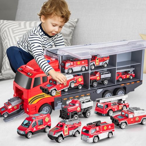 TEMI Toddler Toys for 3 4 5 6 Years Old Boys, Die-cast, Alloy Metal Emergency Fire Rescue Vehicle Transport Car / Truck Toys Set w/Play Mat for Age 3-9 Toddlers Kids Boys & Girls