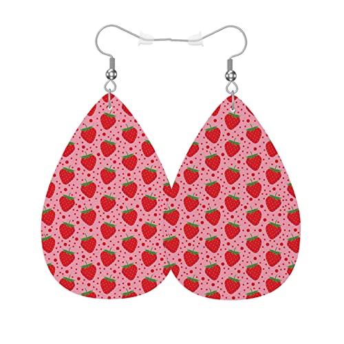 Vosach Pink Strawberry Faux Leather Earrings Sweet Strawberry Fresh Fruit Berries Teardrop Leather Dangle Earrings Women Earrings For Wedding Bridal