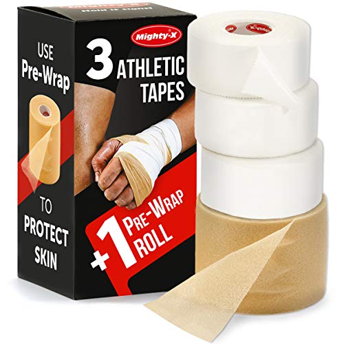 Premium White Athletic Tape for Injuries - 3pk + Pre-wrap - Easy Tear Zinc Oxide Tape - No Sticky Residue - Sports Athletic Tape - Soccer & Boxing Tape
