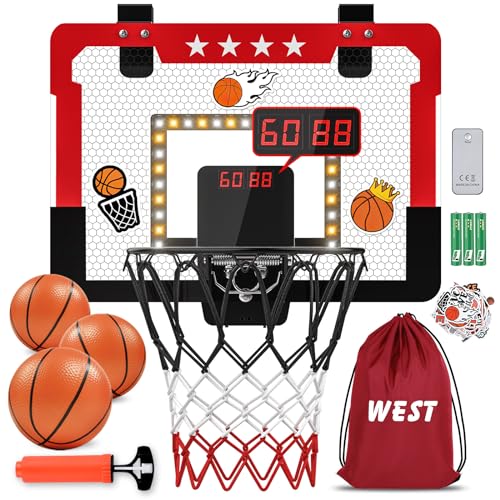 Indoor Basketball Hoop for Kids, Mini Basketball Hoop with Double Electronic Scoreboard and LED Light, Over The Door Basketball Gifts Toys for 5 6 7 8 9 10 11 12 Year Old Boys (West Red)