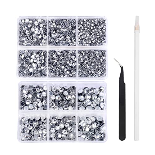 Nibiru 6616pcs Hotfix Rhinestones 5 Mixed Sizes FlatBack Crystal Rhinestones for Crafts Round Glass Gems with Tweezers and Picking Rhinestones Pen(Clear)