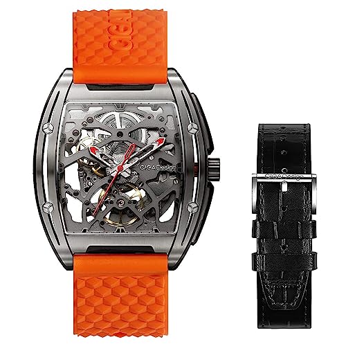 CIGADesign Skeleton Watch Automatic Mechanical Titanium Replica Tonneau Case Casual Wristwatch Waterproof Sapphire Crystal Silicone Leather Strap for Men Unisex