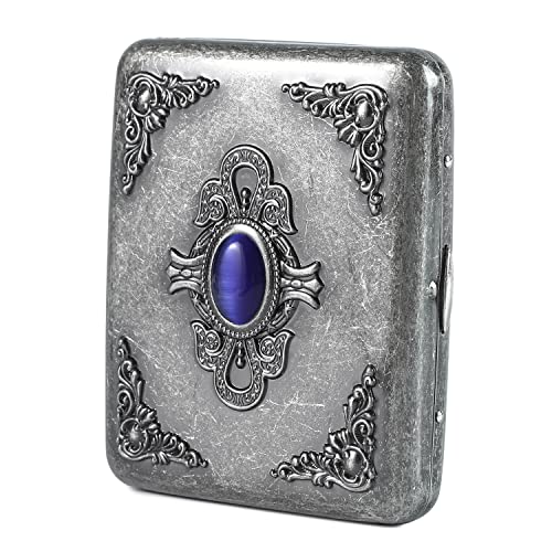 PALAMEDE Vintage Metal Case - Retro Holder Case with Exquisite Carved Patterns and Emerald Gemstone Embellishments - Minimalist Storage Case for Women Men, Holds 14 to 20, up to 84mm, Silver, Flower