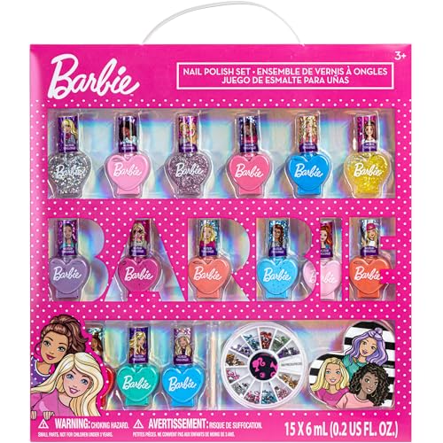 Townley Girl Barbie Movie 18 Piece Set Kids Water-Based Nail Polish Activity Makeup Set, Includes Nail Polish with Nail Gems Wheel and Nail File for Parties, Sleepovers and Makeovers