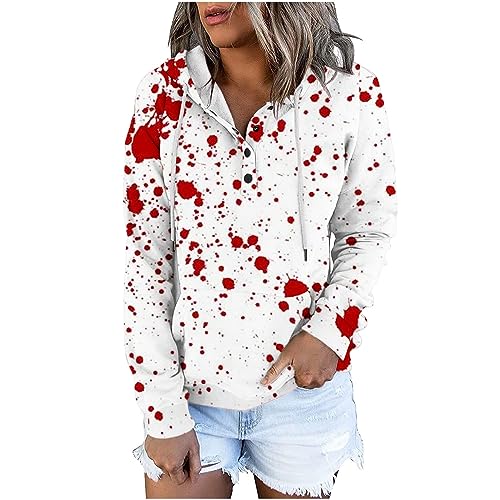 Dnuri Halloween Hoodies for Women Funny Scary Bloody Long Sleeve Pullovers Casual Button Down Drawstring Sweatshirts
