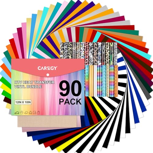 CAREGY HTV Heat Transfer Vinyl Bundle: 90 Pack 12' x 10' Iron on Vinyl for T-Shirt, 53 Assorted Colors for All Cutter Machine or Heat Press Machine