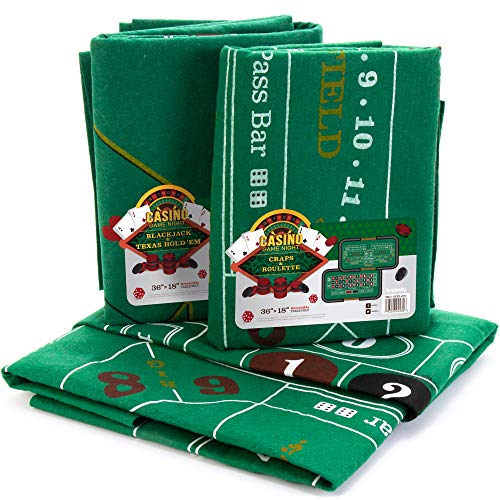 Brybelly Casino Night 4-in-1 Felts Only -Blackjack, Craps, Roulette and Texas Hold'em Table Felt Only- Green Felt Double Sided Casino Tabletop Gaming Mat- 18' x 36' - Perfect for Casino Game Night