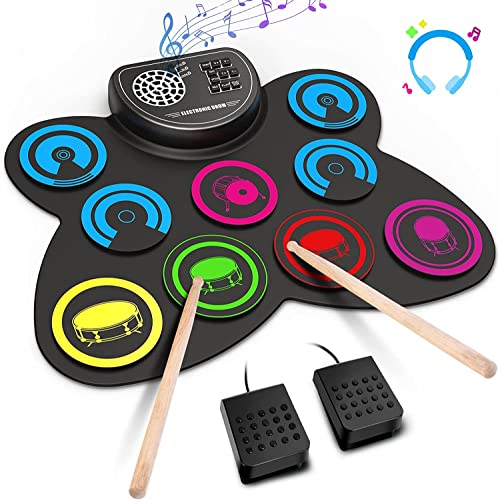 Electronic Drum Set, 9-Pads Roll-Up Electric Drum Set Kit Machine with Headphone Jack Built-in Speaker Drumsticks Pedals, Xmas Birthday Gift for Kids