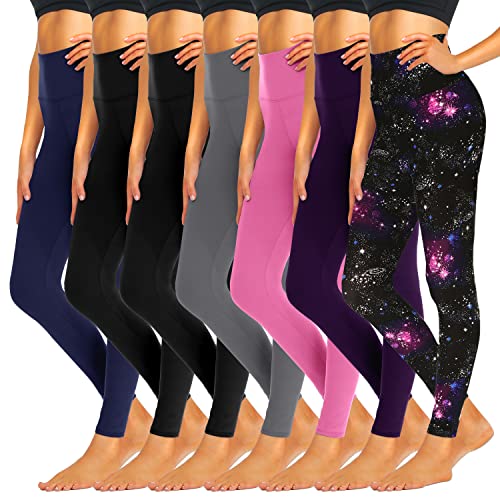 iceROSE 7 Pack Leggings for Women, High Waisted Black Yoga Leggings for Workout Running Maternity