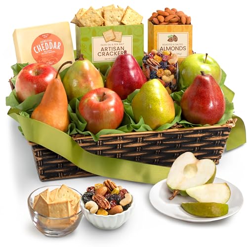 A Gift Inside Classic Fresh Fruit Basket Gift with Crackers, Cheese and Nuts for Christmas, Holiday, Birthday, Corporate
