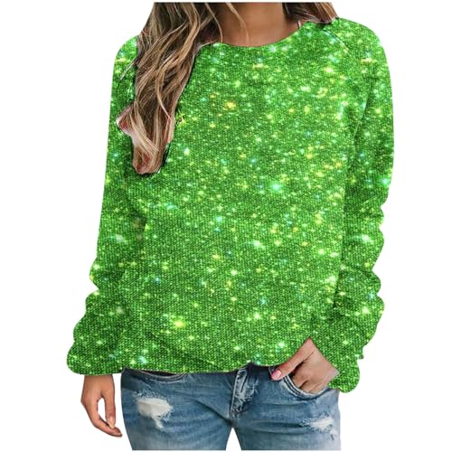 HGps8w Sequins Printed Tops for Women Glitter Crewneck Sweatshirt Casual Long Sleeve Dressy Blouses Pullover Cute T-Shirts
