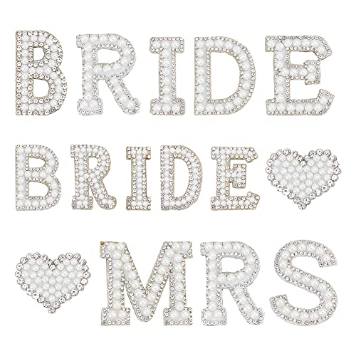 FINGERINSPIRE Pearl Bride Patch Iron/Sew on Letter & Heart Applique Patch, Bling Rhinestone English Letter Bride MRS Patches Pearl Beaded Glitter Alphabet Applique for Wedding Dress, Cloth Decor