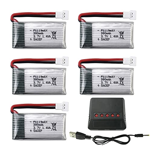 PUOO 5PCS 3.7V 380mAh Battery with 5-in-1 Charger for Hubsan X4 H107 H107C H107L Syma X11 X11C, HS170 HS170C F180C HS170G TOZO Q2020 E016H E016F FX801 V911S A120 XK A150 V966 Remote Control Drone