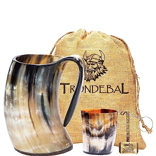 Trondebal Viking Drinking Horn Mug, 15-20 Oz Natural Ox Horn Cup & Cofee Stein | Cool Unique Gift for Men and Women, Home Decor Accessories | Shot Glasses for Beer, Ale, Whiskey, Mead
