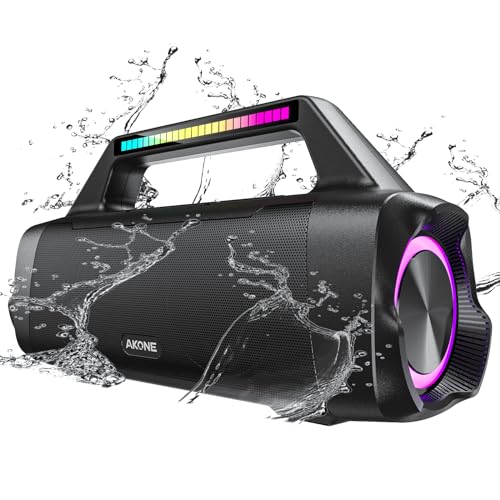 AKONE Portable Bluetooth Outdoor Speaker: 80W Loud Wireless Large Bocina with Lights Durable Big Subwoofer Powerful Deep Bass Rolling Stereo Sound Boombox Waterproof for Party Beach Camping Garage