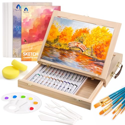Painting Supplies Set, 49 Pieces Watercolor Painting Kit with Wooden Tabletop Easel, Includes Watercolor Paints, Brushes, Palette, Canvas Panels and Painting Pads, for Artists, Student, Adults, Kids