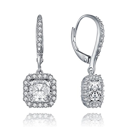 Bridal Simulated Diamond CZ Halo Drop Earrings by Lux and Glam Jewelry - Heart, Round, Square and Triangle Shape (Square - White Gold)