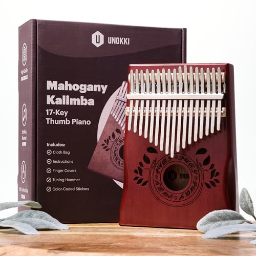 UNOKKI Kalimba 17 Key Thumb Piano | Premium, Lightweight & Durable Mahogany Mbira - Cherry Finish | Reduce Stress & Promote Well-Being | Tuning Hammer, Velvet Bag & More | Great Gift for Kids & Adults