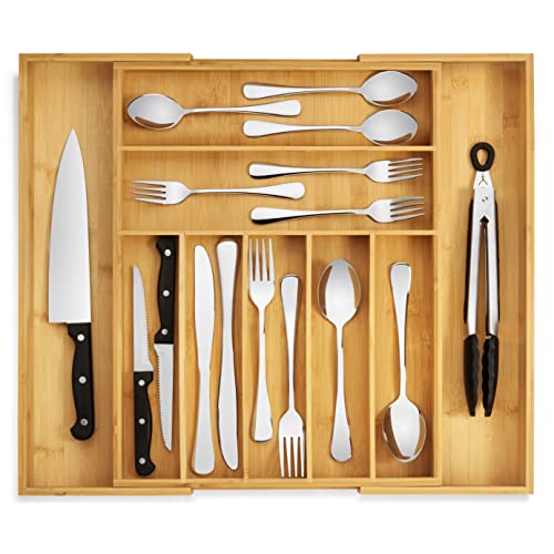 Purawood - Large Premium Bamboo Silverware Organizer - Expandable Kitchen Drawer & Utensil Organizer, 17.5' x 19.75' Cutlery Tray with Drawer Dividers for Kitchen Flatware (7-9 Slots) (Natural)