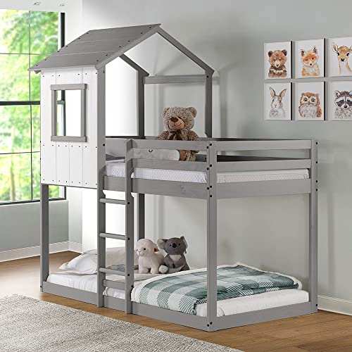 P'Kolino Twin Over Twin Low Bunk Bed, House Bed for Kids - Built-in Guard Rail, Made in Brazil with 100% FSC-Certified Pine Wood, Supports 200 Pounds - White/Light Grey