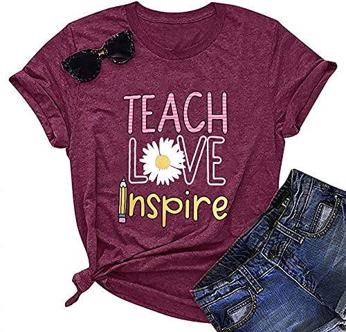 YI XIANG RAN Teacher Graphic T-Shirt Summer Teacher Gift Teach Love Inspire Shirt Womens Inspirational Tees Tops (Purple Red, Large)