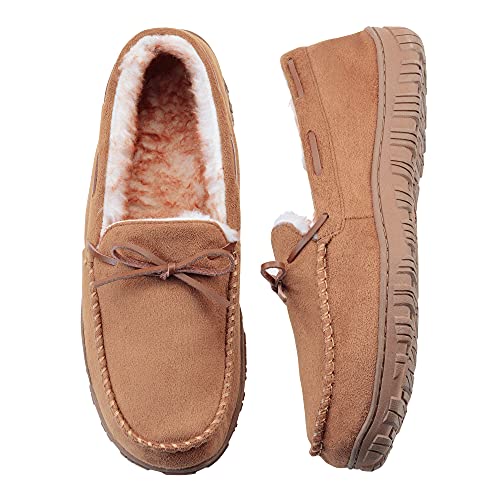 VLLy Mens Slippers Moccasins for Men Plush Lined Cozy House Bedroom Slippers Comfortable Slip on Flat Shoes with Memory Foam for Indoor Outdoor Use Brown Size 13 US