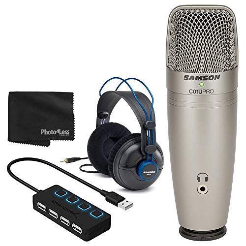 Samson C01U PRO USB Studio Condenser Microphone + Professional Studio Headphones + 4 Port USB 2.0 Hub with Individual LED Lit Power Switches - Great Microphone Bundle