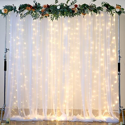 White Tulle Backdrop Curtain with Lights String for Parites 10×8ft Sheer Backdrop Curtains White Curtain Backdrop for Wedding Baby Shower Birthday Party Photo Shoot Decorations(2 Panels 10ft×8ft)