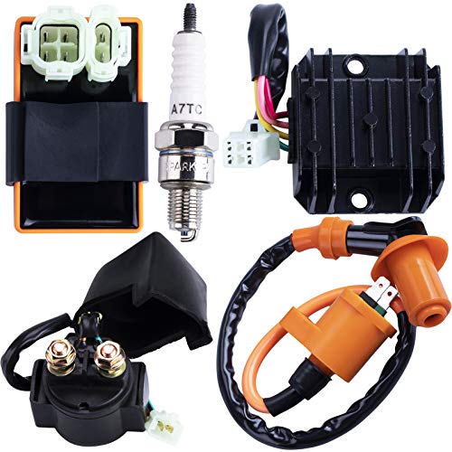 CNCMOTOK High Performance Racing GY6 Ignition Coil Voltage Regulator Rectifier Solenoid Relay 6 Pin AC CDI Spark Plug Kit for 50cc 125cc 150cc ATV Quad Go Kart Moped Scooter, Black