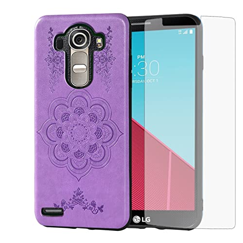 Asuwish Compatible with LG G4 Case and Tempered Glass Screen Protector Thin Slim Soft TPU Flower Rugged Leather Mobile Film Rubber Girls Cell Accessories Phone Cover for LGG4 LG4 4G Women Men Purple
