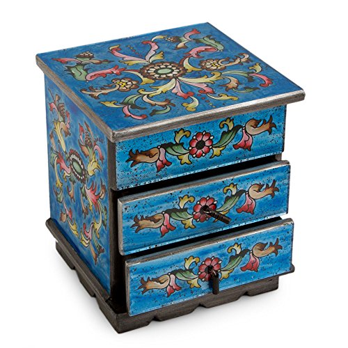 NOVICA Reverse Painted Glass and Wood Jewelry Box, Blue 'Celestial Blue'