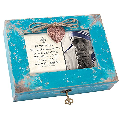 Cottage Garden If We Pray Believe Love Serve Teal Distressed Jewelry Music Box Plays Amazing Grace