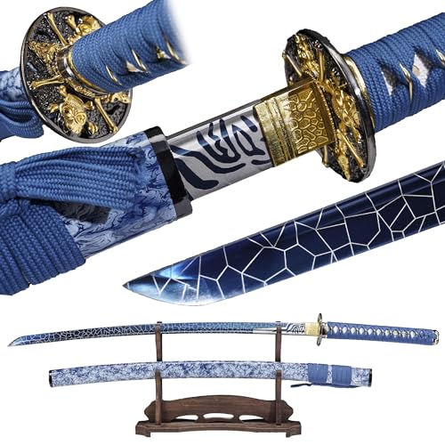 Eroton Real Katana Sword Sharp - Japanese Samurai Swords are a Unique Gift for Men - Full Tang High Carbon Steel Sword Blade Makes a Memorable for Martial Arts Enthusiasts or Sword Collectors(Blue)
