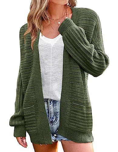 MEROKEETY Women's Soft Cozy Cable Knit Cardigans Open Front Fall Sweater Coat with Pockets,Green,S