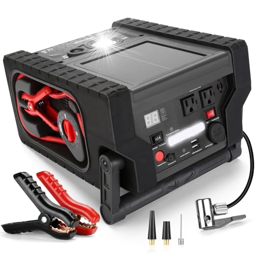 ZunDian ZD-529 Solar Portable Power Station 2000 Amps Jump Starter, 260 PSI Air Compressor, 12V Car Battery Charger with 400W Inverter Dual AC/DC/USB Output, Emergency Backup Power with Flashlights