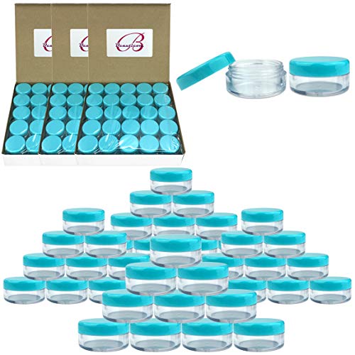 (Quantity: 200 Pieces) Beauticom 5G/5ML Round Clear Jars with Teal Sky Blue Lids for Scrubs, Oils, Toner, Salves, Creams, Lotions, Makeup Samples, Lip Balms