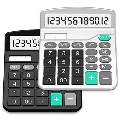 Calculator, Splaks 2 Pack Standard Functional Desktop Calculators Solar and AA Battery Dual Power Electronic Office Calculators with 12-Digit Large Display (1 Basic Black&1 Updated Silver)