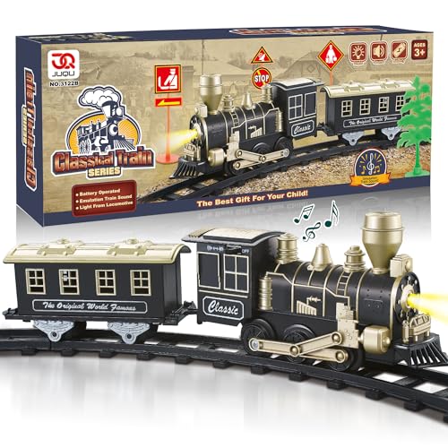 JUQU Train Set - Electric Train Toys w/Lights & Sounds (ON/Off), Toddler Train Sets for Boys, Toy Train w/Locomotive Engine, Cars& Tracks, Christmas Train Gift for 3 4 5 6 7 8+ Year Old Boys Girls