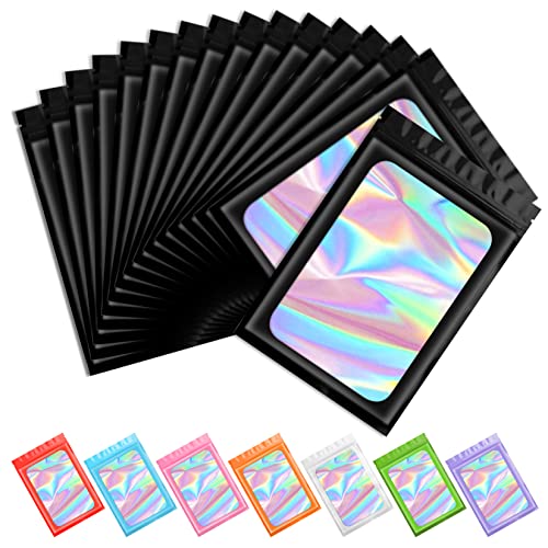 Funfery 100 pcs Black Mylar Holographic Resealable Smell Proof Foil Pouches for Food Storage and Lipgloss,Jewelry,Eyelash Packaging for Small Business(2.4x3.9Inch)