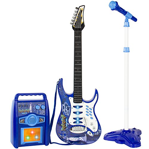 Best Choice Products Kids Electric Musical Guitar Play Set, Toy Guitar Starter Kit Bundle w/ 6 Demo Songs, Whammy Bar, Microphone, Amp, AUX, 2 Sticker Sheets - Blue
