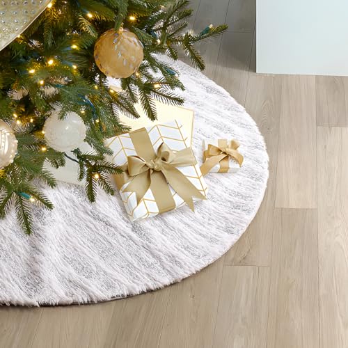 USILAND Christmas Tree Skirt, 24 Inches, White Faux Fur with Sliver Hot Stamping Stripes, for Xmas Holiday Decorations Christmas Home Decor