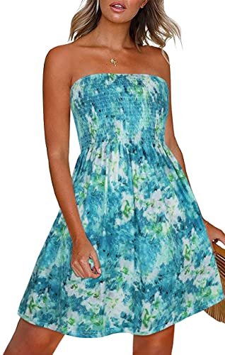 CHICGAL Off Shoulder Dress for Women Summer Beach Dress Flowy Bandeaus Dresses Smocked Sundress.(Blue Green Tie-dye,S)