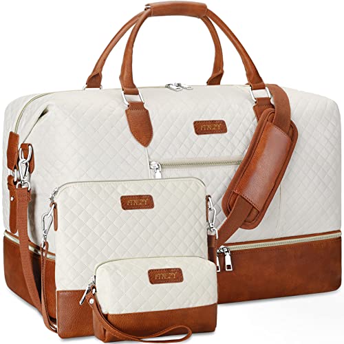 Weekender Bag for Women, Carry On Duffel Overnight Bag with Shoe Compartment Large Nylon Travel Tote, 21.5' with Toiletry Bag for Traveling Business Weekend Trip Gift 3Pcs Set (2-Beige)