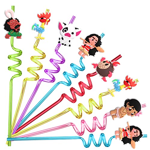 AFZMON 24 PCS Moana Drinking Straws Reusable Moana Plastic Beverages Cocktail Straw with Cartoon Decoration for Kids Moana Party Supplies for Birthday Party Favors