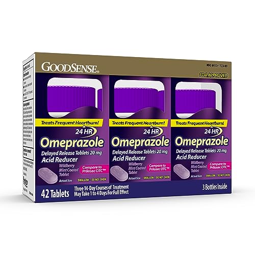 GoodSense Omeprazole, Compare to Prilosec, Delayed Release Tablets 20 mg, Acid Reducer, Wildberry Mint Coated Tablet, 42 Count