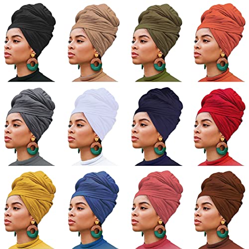 XTREND 12 Pieces Stretch Head Wrap Jersey Turban Solid Color Bohemian Dye Headwraps African Fashion Headwear Headband Extra Long Hair Scarf Soft Breathable Turban Tie for Women 12 Colors